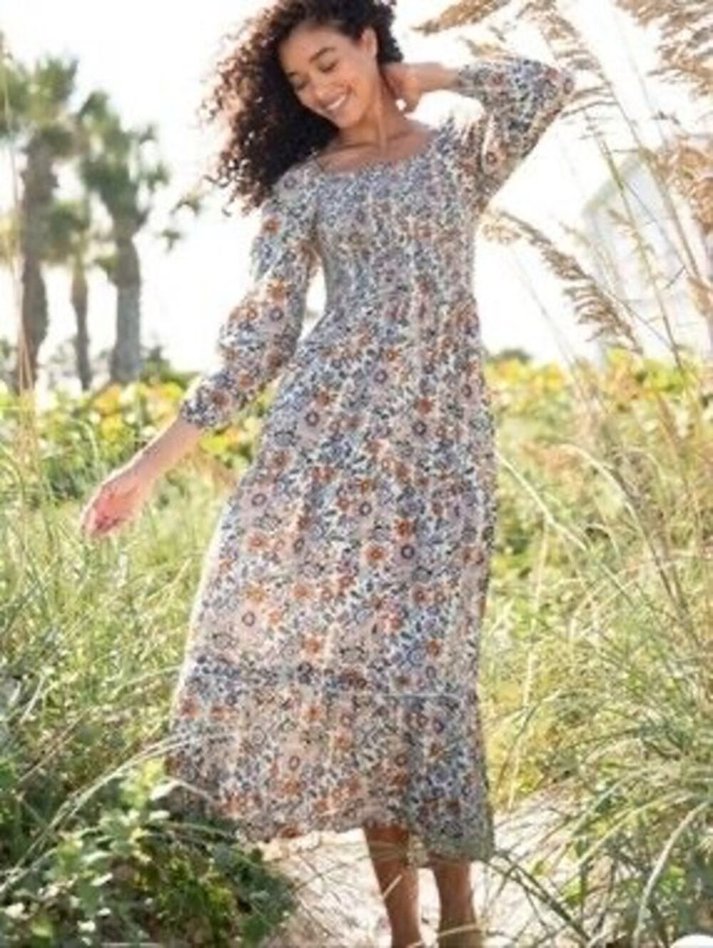 NWT Natural Life Womenโs Large Callie Floral Dress Smocked Boho Puff Sleeve